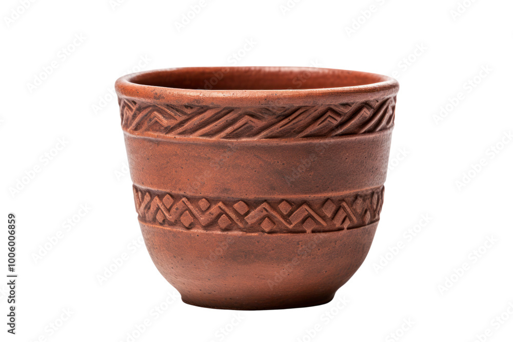 Traditional clay cup with visible craftsmanship details and a slightly uneven rim isolated on a white background Traditional clay cup with visible craftsmanship details and a slightly uneven rim isolated on a white background