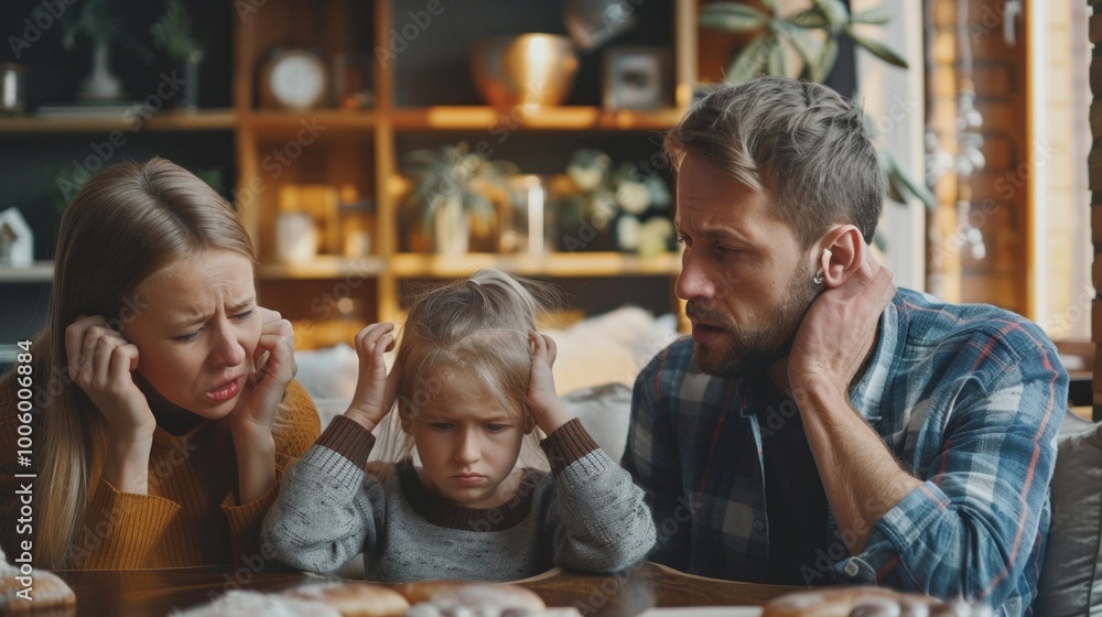 A distressed family at a kitchen table with sorrowful expressions and bakery items. Emotionally contrasted with cozy decor. A distressed family at a kitchen table with sorrowful expressions and bakery items. Emotionally contrasted with cozy decor.