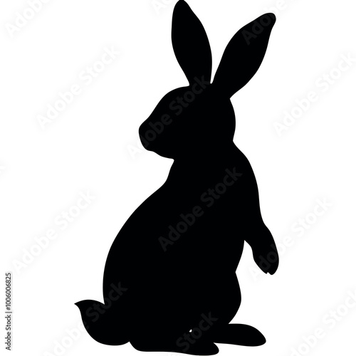a black silhouette of a rabbit. The rabbit is sitting on its hind legs with its front paws stretched out in front of it. Its ears are pointed upward