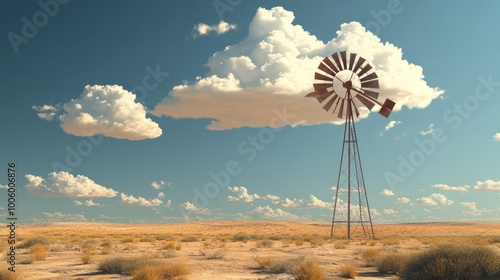 A traditional desert windmill standing tall against the backdrop of a sandy plain, with a few scattered clouds drifting across the sky.