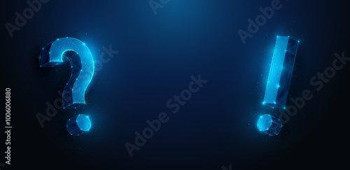 Abstract illustration of question mark and exclamation mark in low poly style. Blue geometric background depicting faq and technical expert support concept by wireframe connection structure