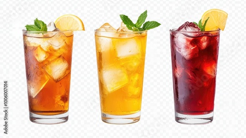 Refreshing iced tea, green tea, and red tea in a virtual high-resolution image, isolated on a transparent background, ideal for drink themes with a clean, modern aesthetic.