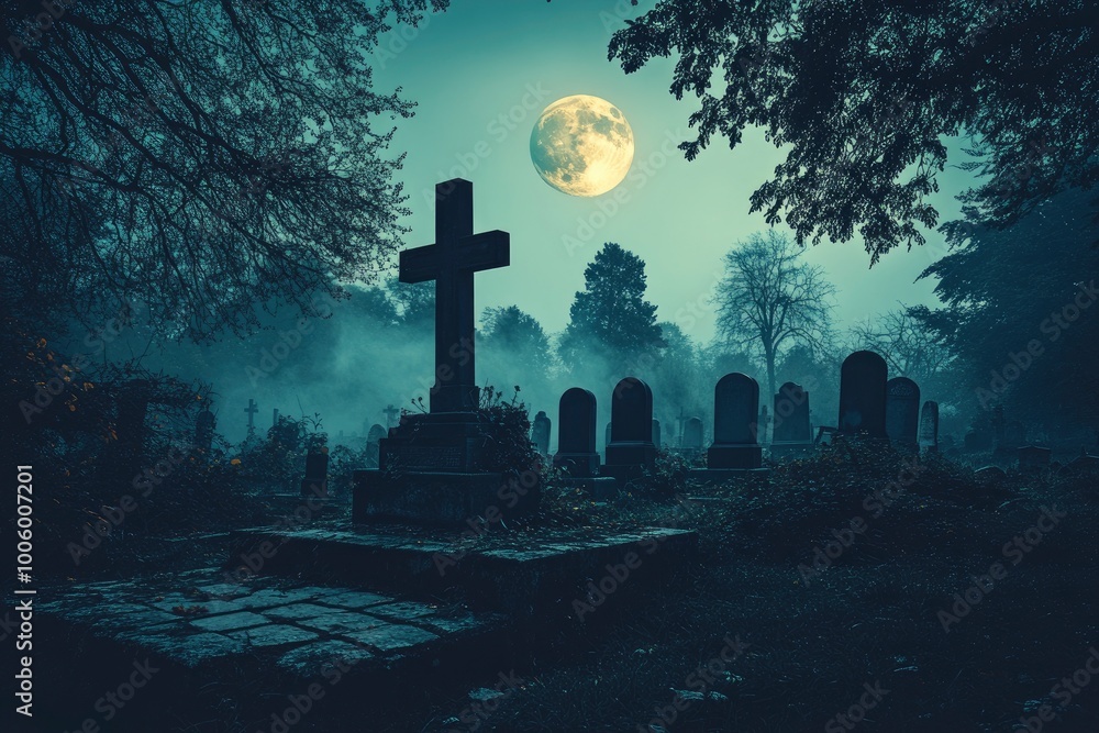 A spooky graveyard under a full moon, with eerie mist floating over the headstones. Dark, haunting atmosphere perfect for Halloween or horror themes - generative ai A spooky graveyard under a full moon, with eerie mist floating over the headstones. Dark, haunting atmosphere perfect for Halloween or horror themes - generative ai