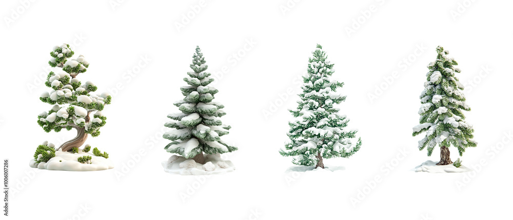set of Illustration of a green and white snow-covered pine tree, isolated on a white background set of Illustration of a green and white snow-covered pine tree, isolated on a white background