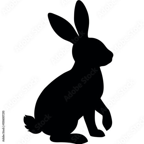 a black silhouette of a rabbit. The rabbit is sitting on its hind legs with its front paws stretched out in front of it. Its ears are pointed upward