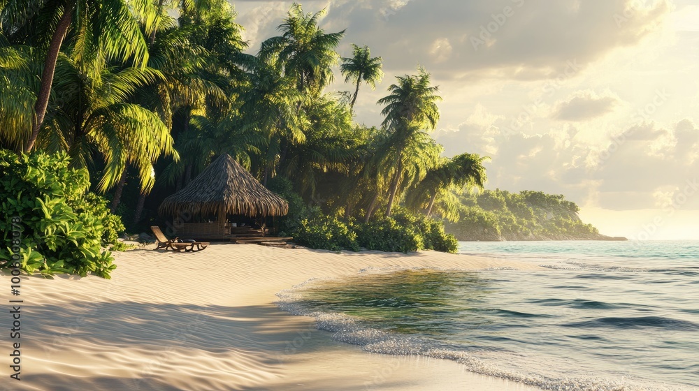 Obraz premium A tropical beach with a thatched-roof cabana, surrounded by palm trees and the sound of waves gently washing onto the shore.