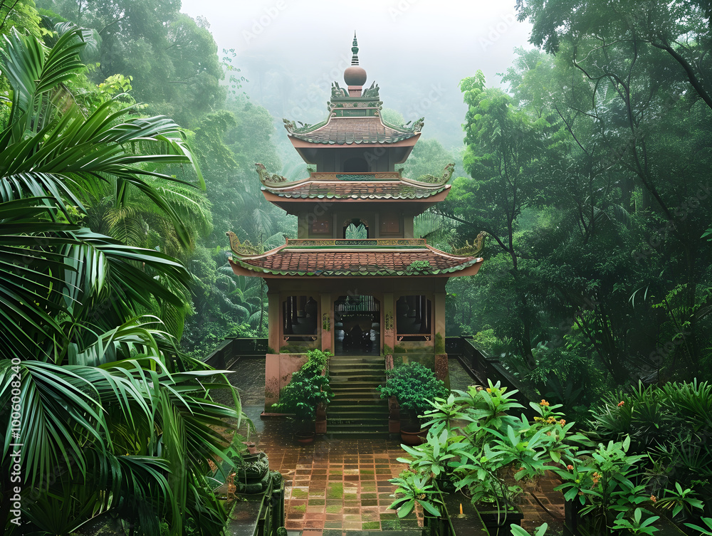 A traditional Vietnamese pagoda nestled among vibrant green bushes and trees in natural surroundings. A traditional Vietnamese pagoda nestled among vibrant green bushes and trees in natural surroundings.
