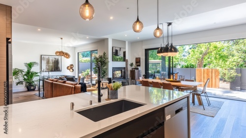 A close-up of a stylish kitchen with sleek countertops, modern appliances