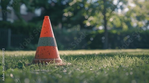 A traffic cone repurposed as a makeshift goalpost for an impromptu game of street soccer or backyard football.