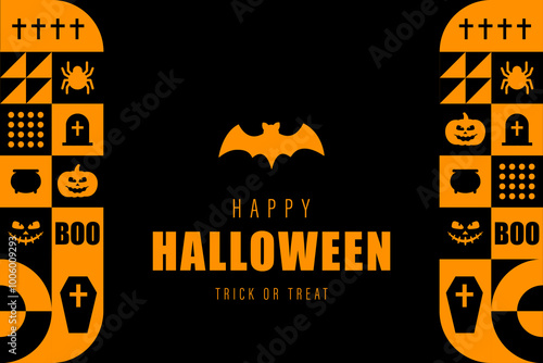 Halloween banner. Modern neo geometric abstract background. Horizontal poster, greeting card, header for website. Composition of simple icons in bauhaus minimalist style. Vector illustration.