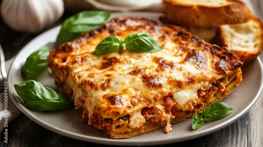 A plate of cheesy baked ziti with a side of garlic bread A plate of cheesy baked ziti with a side of garlic bread