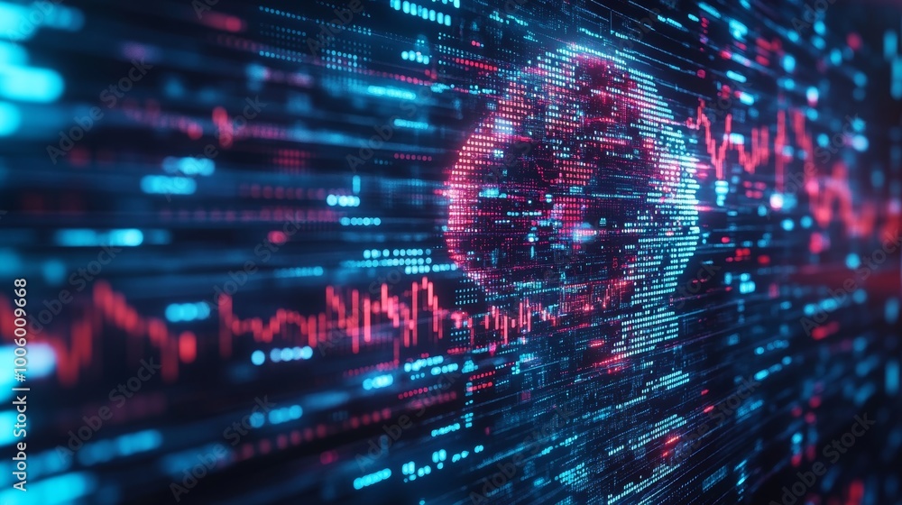 Obraz premium Digital World Map with Data Flow and Code Futuristic Technology Concept
