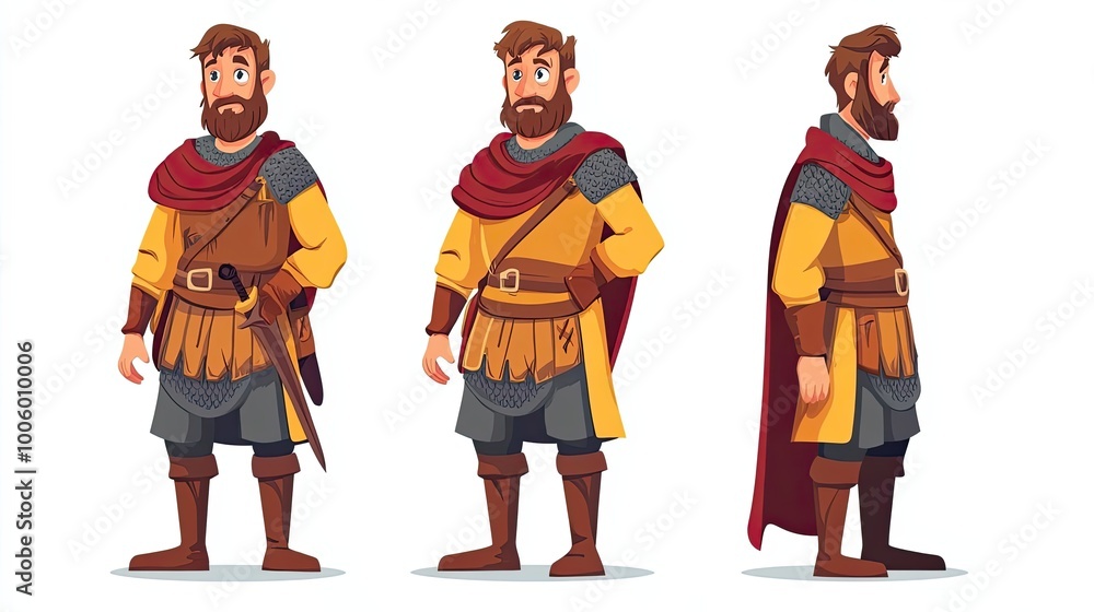 A cartoon illustration of a medieval knight in three poses A cartoon illustration of a medieval knight in three poses