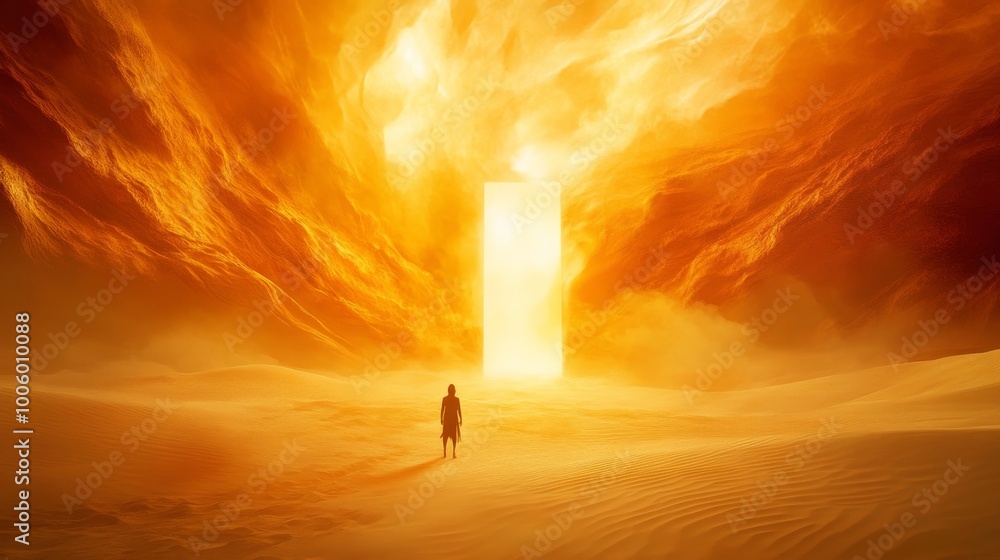 Fototapeta premium desert landscape with glowing portal and lone figure, surreal atmosphere. mystery and exploration concept