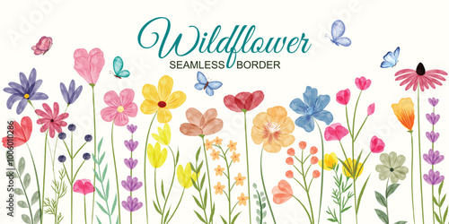 Minimalist Wildflower Illustration - Seamless Watercolor Floral Arrangements With Butterflies