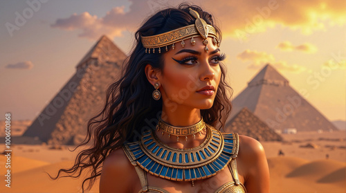 Cleopatra exuding elegance and power in front of the iconic pyramids of Egypt. photo