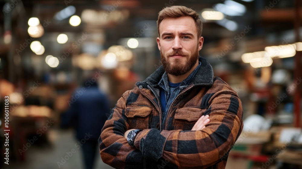 A young man with a beard confidently crosses his arms while standing in a busy warehouse filled with various tools and materials, showcasing a lively industrial atmosphere A young man with a beard confidently crosses his arms while standing in a busy warehouse filled with various tools and materials, showcasing a lively industrial atmosphere
