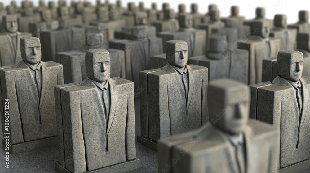 Fototapeta premium Numerous sculpted figures with block-like features stand in formation, each dressed in simplified suits, creating an impactful visual representation of conformity and society