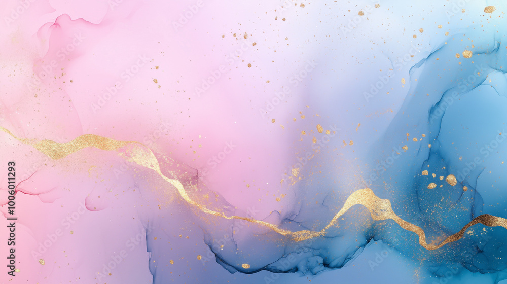 Obraz premium Abstract pink and blue marble liquid texture with gold splashes, luxury background