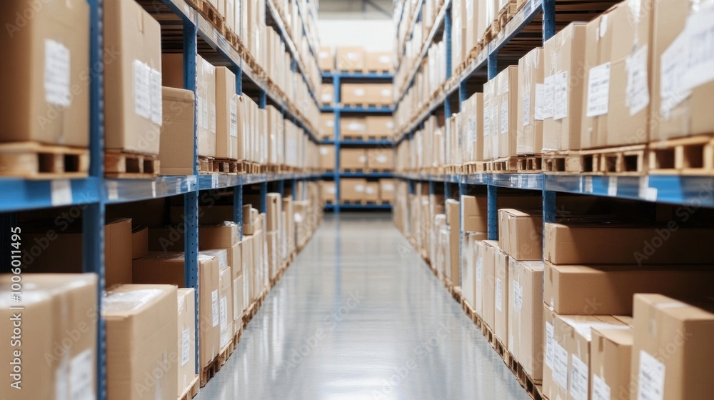 The vast storage area showcases neatly arranged cardboard boxes on wooden pallets, organized along long rows of shelving under bright warehouse lights The vast storage area showcases neatly arranged cardboard boxes on wooden pallets, organized along long rows of shelving under bright warehouse lights