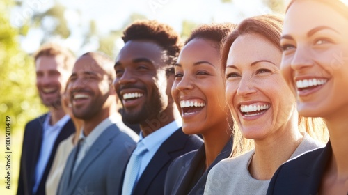 A diverse group of professionals stands together outdoors, smiling brightly under the sun. Their expressions of joy and camaraderie reflect teamwork and a positive work environment