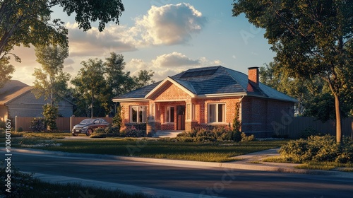 A dynamic shot of a cozy family house with a traditional facade, set in a suburban neighborhood