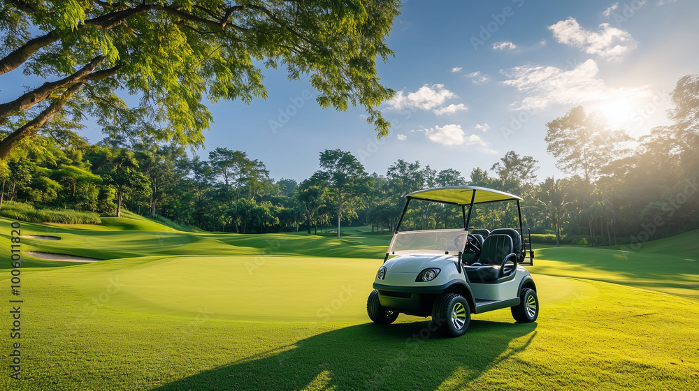 Golf bag leaning against a golf cart Golf bag leaning against a golf cart