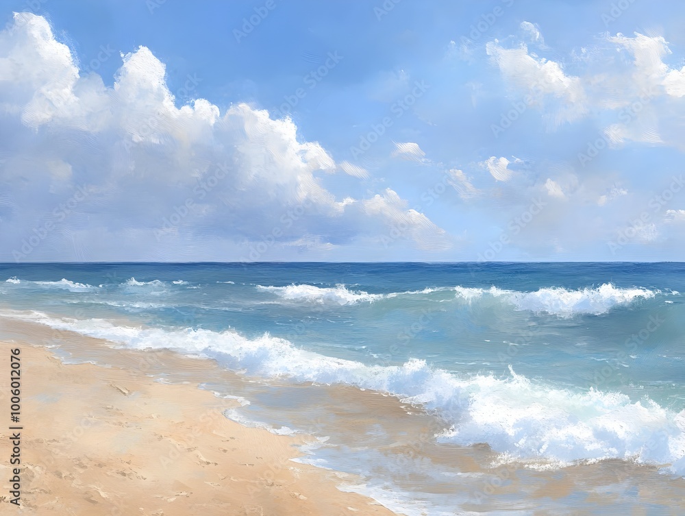 A mesmerizing digital painting showcasing an idyllic beach scene with fine powdery sand gentle rolling surf and a serene azure sky A mesmerizing digital painting showcasing an idyllic beach scene with fine powdery sand gentle rolling surf and a serene azure sky