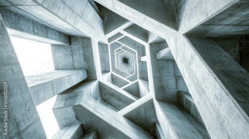 The view captures the intricate design of a concrete framework, where angular shapes create a mesmerizing geometric pattern enhanced by natural light piercing through the openings
