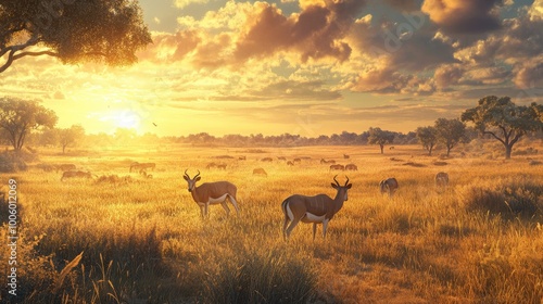 A wide shot of antelopes grazing on the savannah, with the sun low in the sky and the grasses glowing in the soft evening light.