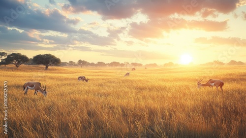 A wide shot of antelopes grazing on the savannah, with the sun low in the sky and the grasses glowing in the soft evening light.