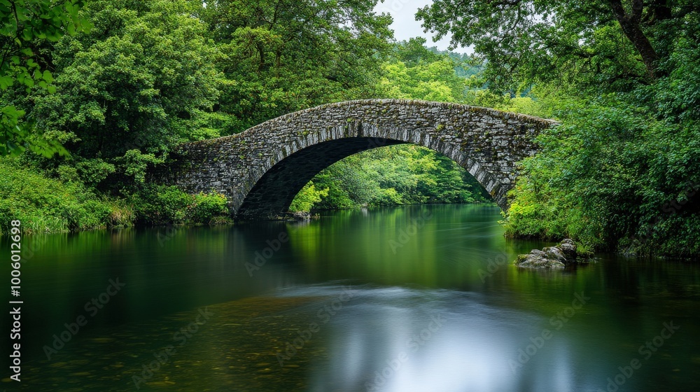 A dynamic shot of a historic stone bridge crossing a tranquil river, surrounded by lush greenery A dynamic shot of a historic stone bridge crossing a tranquil river, surrounded by lush greenery