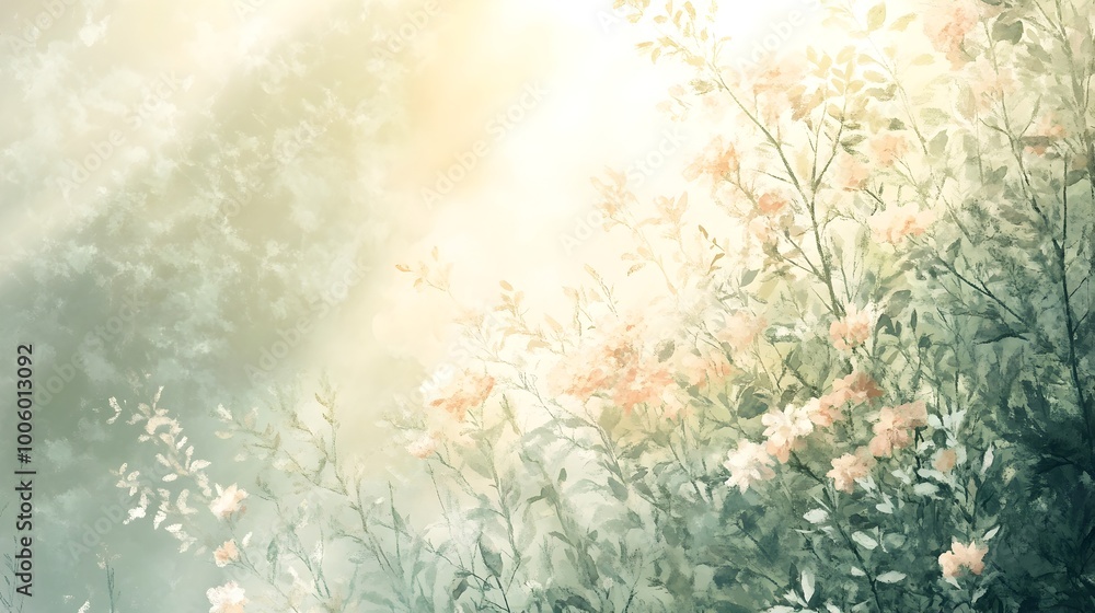 Pastel tinted whimsical floral cluster set in a peaceful woodland glade with airy wispy foliage and muted radiance creating a nostalgic watercolor esque and dreamlike aesthetic Pastel tinted whimsical floral cluster set in a peaceful woodland glade with airy wispy foliage and muted radiance creating a nostalgic watercolor esque and dreamlike aesthetic