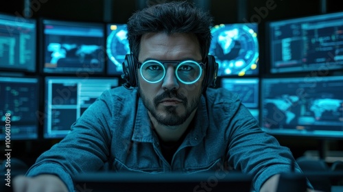 In a dark, high-tech control room, a man with glowing glasses intently studies data on various screens that showcase maps, charts, and graphs. The atmosphere is charged with concentration photo