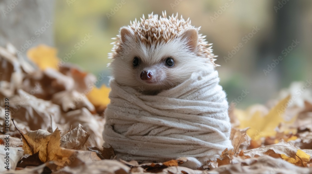 Fototapeta premium Cute Hedgehog Wrapped in White Fabric on Autumn Leaves