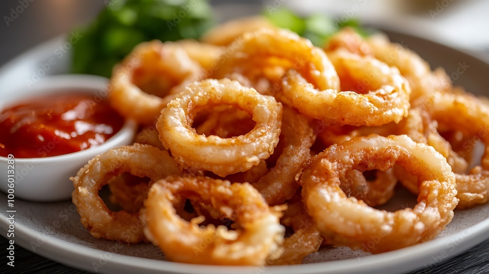 A plate of crispy calamari rings with a side of marinara sauce A plate of crispy calamari rings with a side of marinara sauce