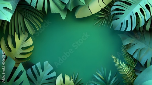3d render, paper tropical leaves, jungle decor, monstera palm, green background, blank space for text, banner template, digital illustration. 