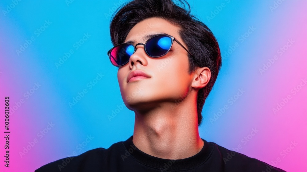 A young man stands in a confident pose wearing fashionable sunglasses, bathed in bold blue and pink lighting that adds a modern touch. The ambiance reflects a chic urban vibe A young man stands in a confident pose wearing fashionable sunglasses, bathed in bold blue and pink lighting that adds a modern touch. The ambiance reflects a chic urban vibe