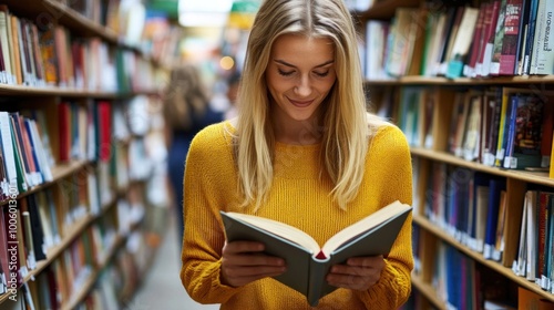 A woman with long hair enjoys reading a book while standing in a library. Surrounded by shelves lined with various books, she appears engaged and content in a peaceful environment