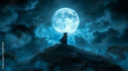 Silhouette of a Figure Under a Full Moon in a Night Sky with Clouds