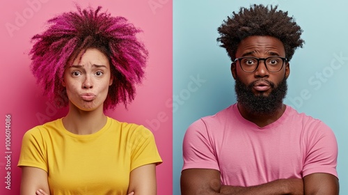 Two young adults stand in front of solid pastel backgrounds, one showing a playful pout with pink hair, while the other displays a surprised expression with a bushy beard