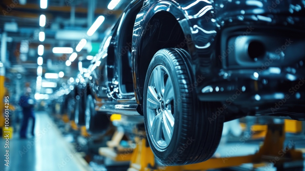Several black vehicles are seen hanging from a conveyor system in an automobile assembly line. Workers are busy completing each vehicle at a manufacturing facility Several black vehicles are seen hanging from a conveyor system in an automobile assembly line. Workers are busy completing each vehicle at a manufacturing facility