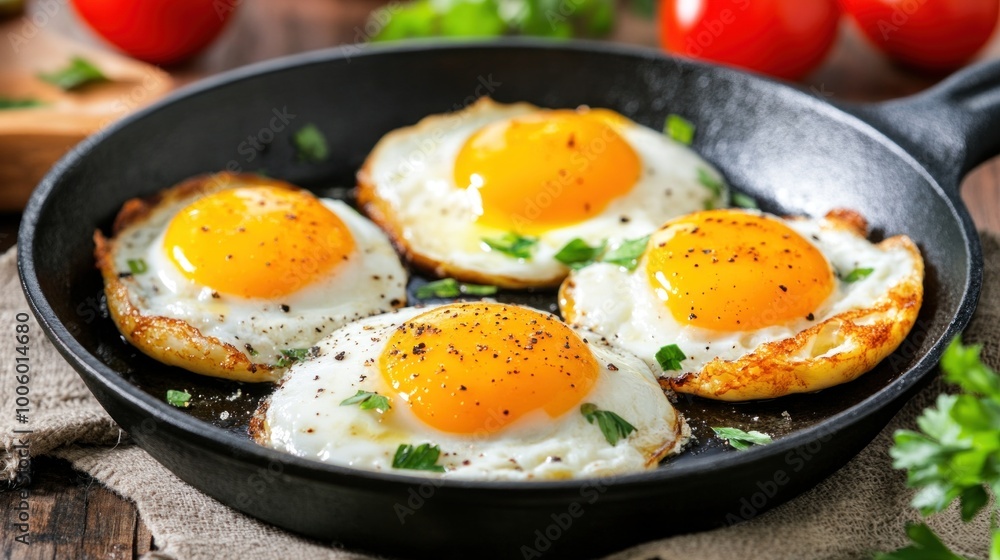 Four perfectly fried sunny-side-up eggs sit in a cast iron skillet, garnished with herbs and black pepper, beside fresh tomatoes on a warm wooden surface Four perfectly fried sunny-side-up eggs sit in a cast iron skillet, garnished with herbs and black pepper, beside fresh tomatoes on a warm wooden surface
