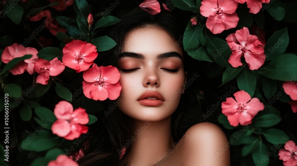 A young woman relaxes peacefully amidst a bed of pink flowers, her eyes gently closed as the warm sunlight highlights her serene expression in a tranquil garden setting A young woman relaxes peacefully amidst a bed of pink flowers, her eyes gently closed as the warm sunlight highlights her serene expression in a tranquil garden setting