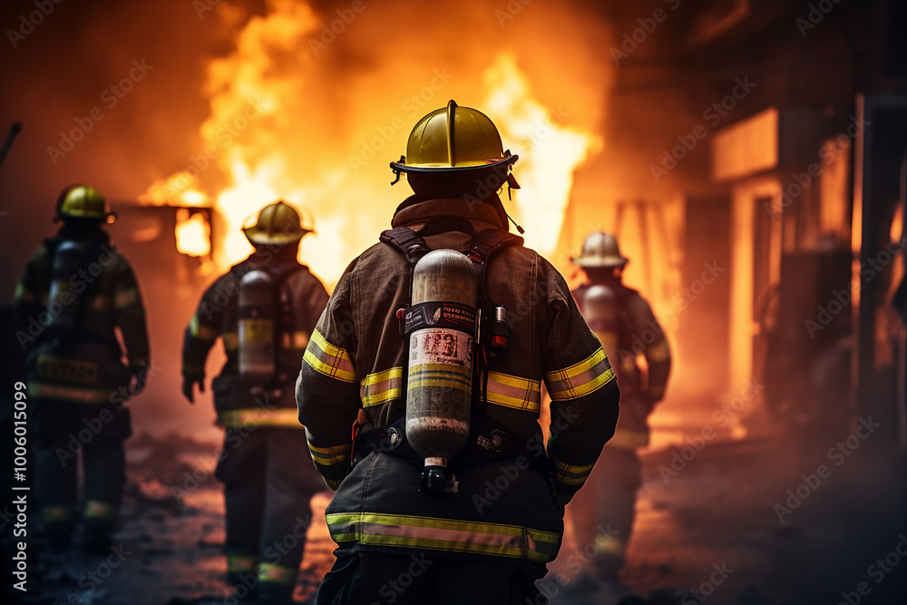 AI generated photo of brave firefighter against the backdrop of a burning house AI generated photo of brave firefighter against the backdrop of a burning house
