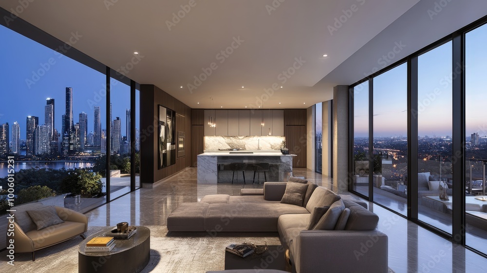 A luxury apartment interior with a spacious open-plan design, high-end finishes A luxury apartment interior with a spacious open-plan design, high-end finishes