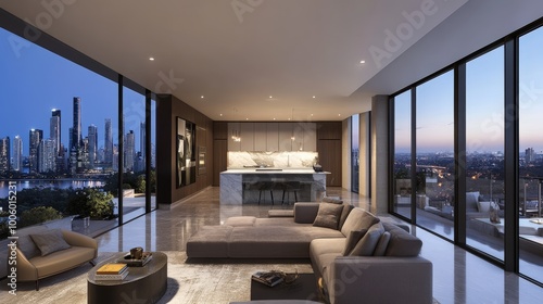 A luxury apartment interior with a spacious open-plan design, high-end finishes