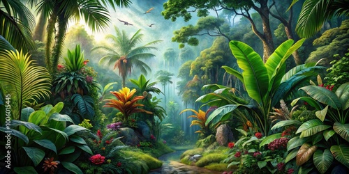 A lush jungle ecosystem teems with dense foliage, exotic plants, and vibrant wildlife coexisting in perfect harmony, creating a breathtaking spectacle of nature's beauty.