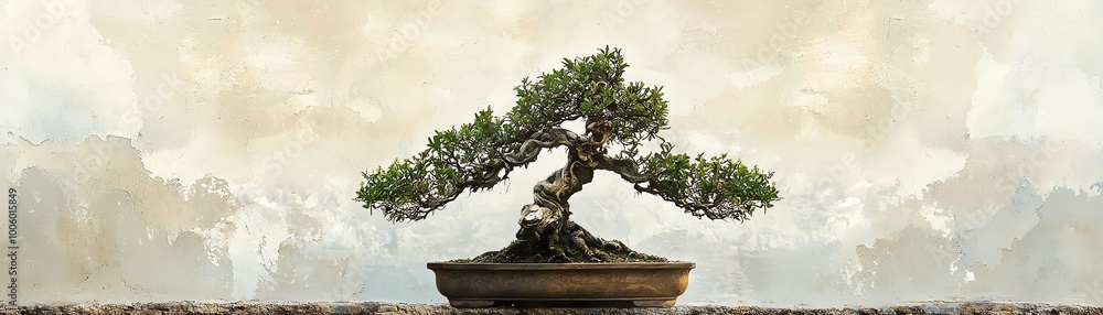 A stunning bonsai tree displayed in a traditional pot against an artistic backdrop. A stunning bonsai tree displayed in a traditional pot against an artistic backdrop.