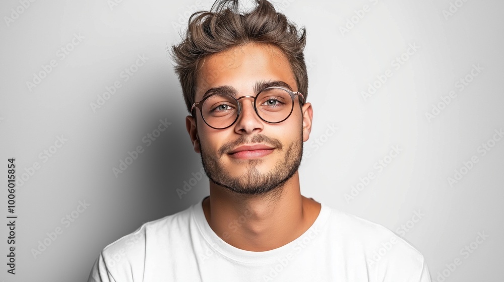 A young man with a confident smile is wearing trendy round glasses and a casual white t-shirt while standing in front of a simple backdrop, conveying a relaxed and approachable vibe A young man with a confident smile is wearing trendy round glasses and a casual white t-shirt while standing in front of a simple backdrop, conveying a relaxed and approachable vibe